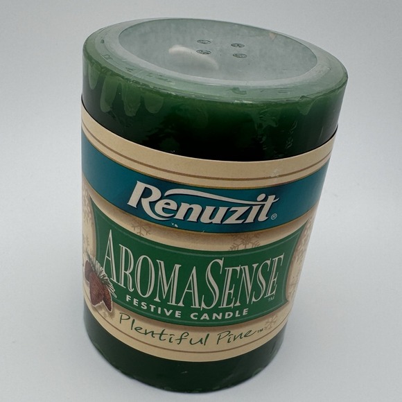 Renuzit Other - 1999 Renuzit AromaSense Festive Pillar Candle Plentiful Pine New Sealed NOS 3x4
